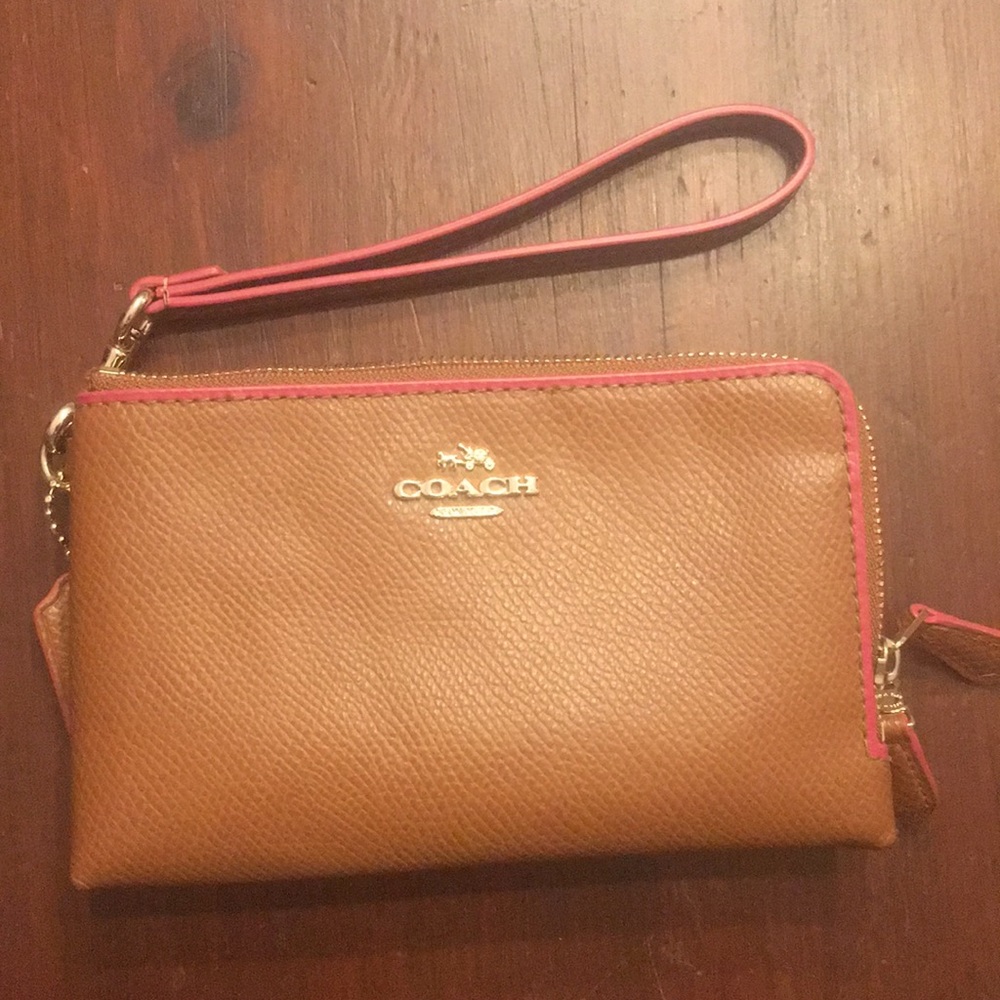 Coach camel and pink pebbled leather wristlet